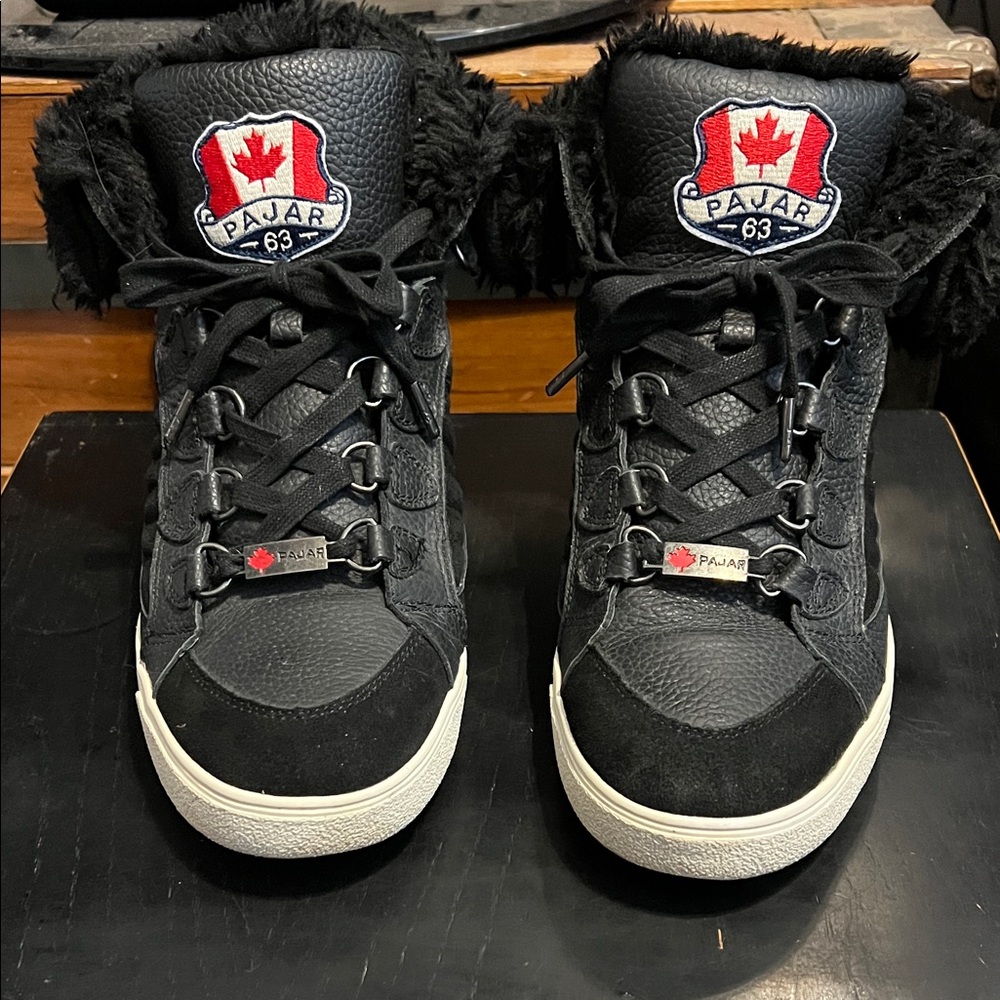 PAJAR LEATHER WATERPROOF FAUX FUR TRIM SNEAKER BOOTS SIZE 10-10.5 BLACK - Picture 2 of 16